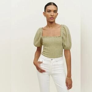 Reformation Marilyn Smocked Puff Sleeve Gingham Top Green Size Medium